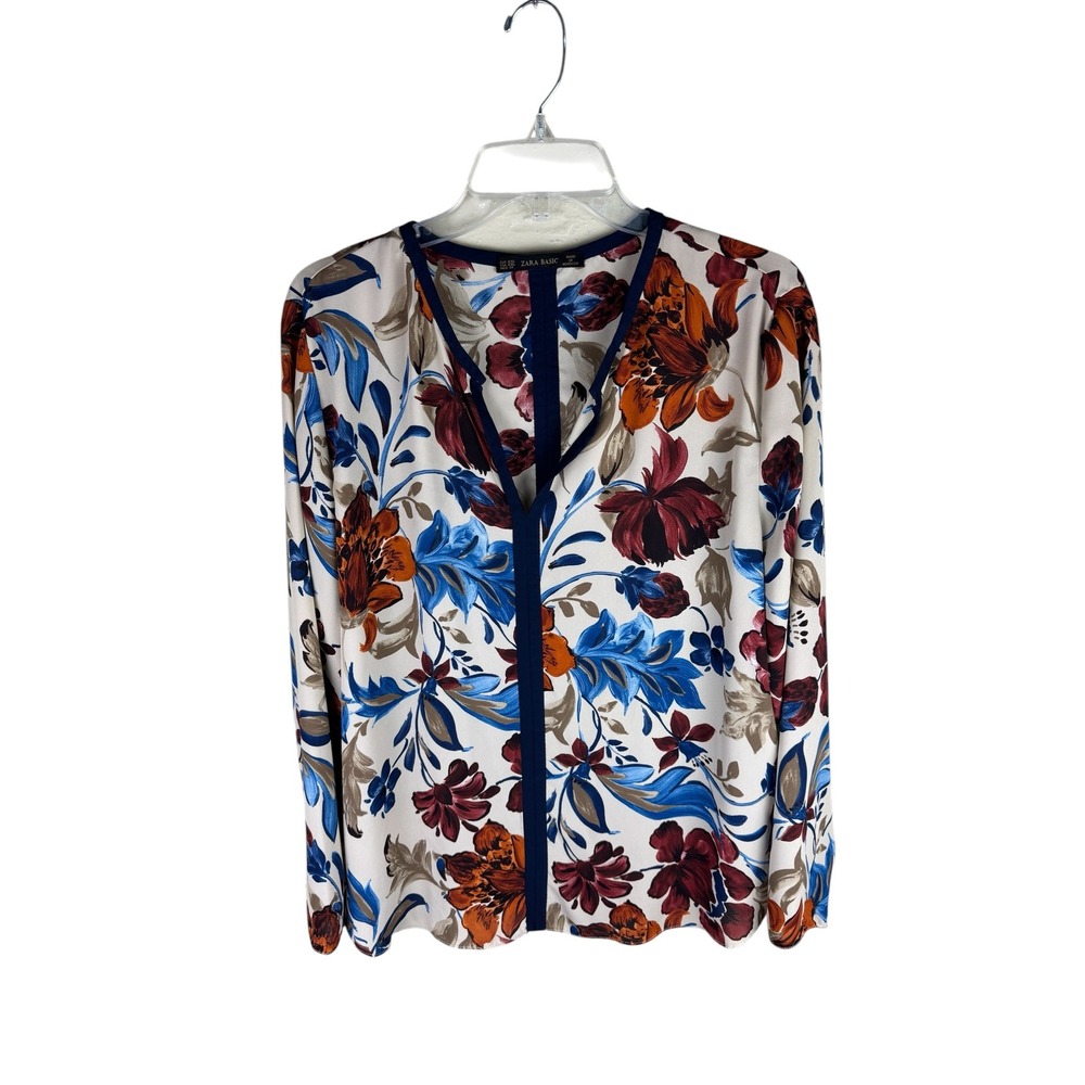 Zara Basic Floral Print V-Neck Blouse Navy Blue Orange Long Sleeve Top XXL